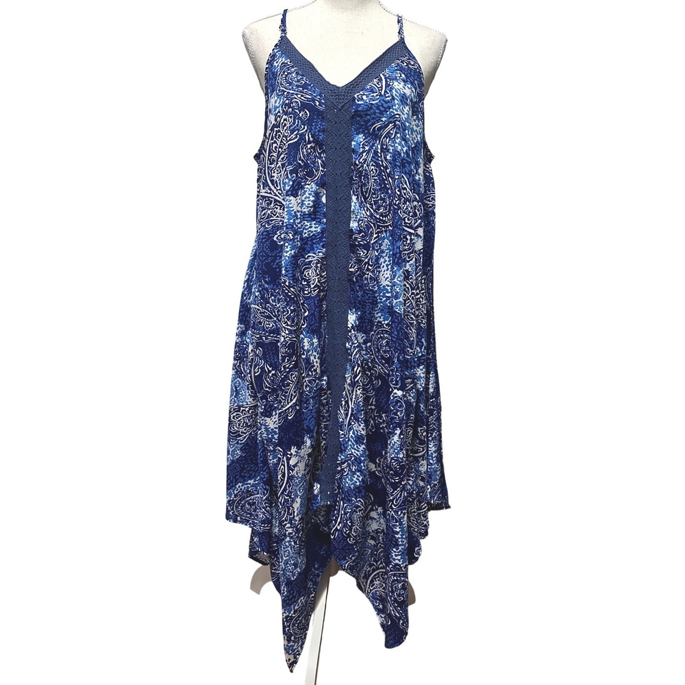 Mlle Gabrielle Blue Paisley Handkerchief Hem Midi Dress Women's L Boho Vacation